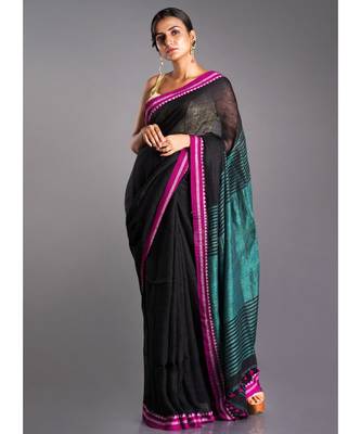 black linen saree with pink border and green pallu 1
