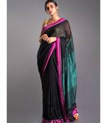 black linen saree with pink border and green pallu