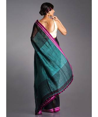 black linen saree with pink border and green pallu 3