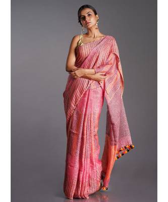 pink linen saree with running stich 1