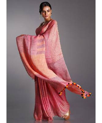 pink linen saree with running stich 2