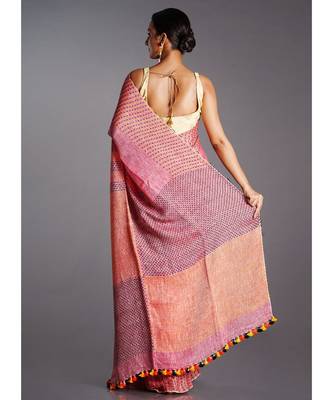 pink linen saree with running stich 3