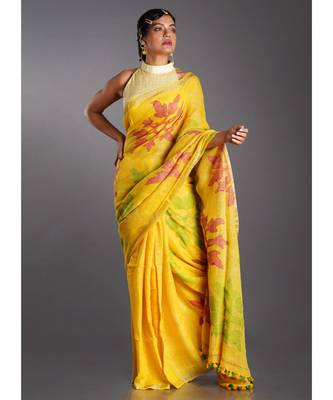 yellow linen saree with red and green motifs 1