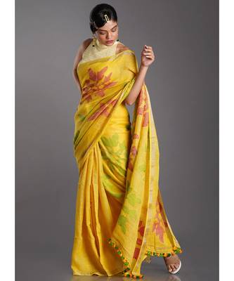 yellow linen saree with red and green motifs 2