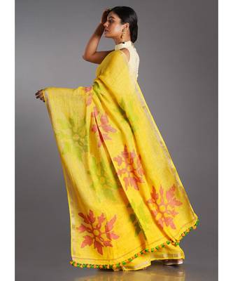 yellow linen saree with red and green motifs 3