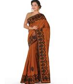orange blended silk saree with black colour applque work