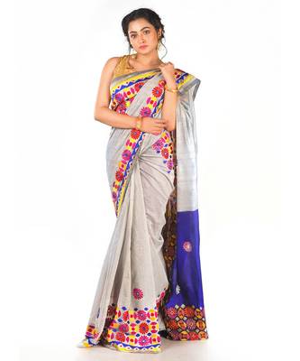 purple dupion silk saree with multi colour phulkari work 1
