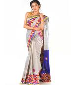 purple dupion silk saree with multi colour phulkari work