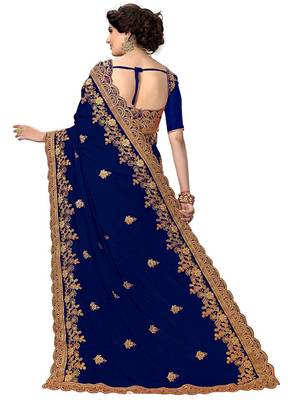 Blue Cream Bridal Embroidery georgette Designer Sari Ethnic Sarees 2