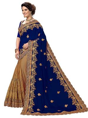 Blue Cream Bridal Embroidery georgette Designer Sari Ethnic Sarees 3