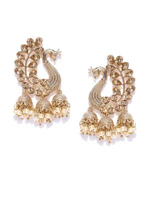 Peacock Inspired Kundan Pearl Studded Gold toned Dangle/Jhumki Earrings for women 1