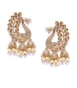Peacock Inspired Kundan Pearl Studded Gold toned Dangle/Jhumki Earrings for women