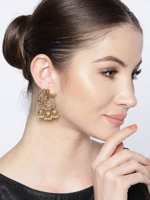 Peacock Inspired Kundan Pearl Studded Gold toned Dangle/Jhumki Earrings for women 2