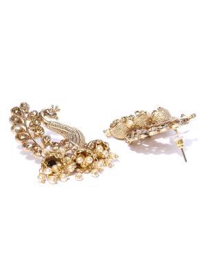Peacock Inspired Kundan Pearl Studded Gold toned Dangle/Jhumki Earrings for women 3
