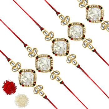 White Color Combo Of 5 Pieces Kundan Rakhi 1