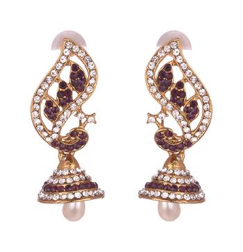 Peacock Inspired Kundan studded Gold toned Pearl Drop Jhumki Earrings 1