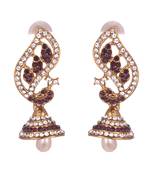 Peacock Inspired Kundan studded Gold toned Pearl Drop Jhumki Earrings