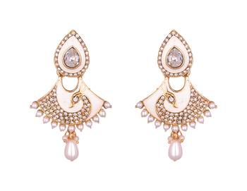 Peacock Inspired Kundan studded Gold toned Pearl Drop Dangle Earrings 1