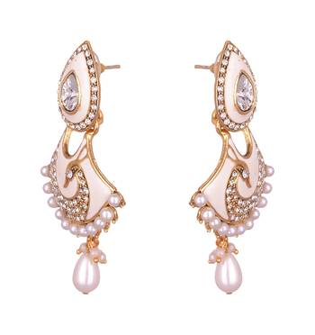 Peacock Inspired Kundan studded Gold toned Pearl Drop Dangle Earrings 2