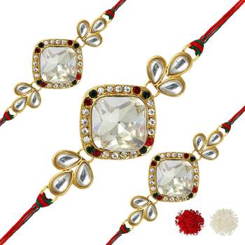 White Color Combo Of 3 Pieces Kundan Rakhi 1