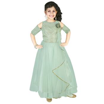 Pista Green Thread and Sequins Embroidery Net Pleated Gown for Girls 1
