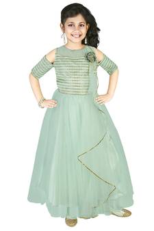 Pista Green Thread and Sequins Embroidery Net Pleated Gown for Girls