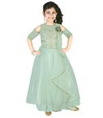 Pista Green Thread and Sequins Embroidery Net Pleated Gown for Girls