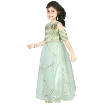Pista Green Thread and Sequins Embroidery Net Pleated Gown for Girls 2