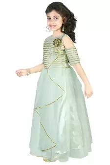 Pista Green Thread and Sequins Embroidery Net Pleated Gown for Girls