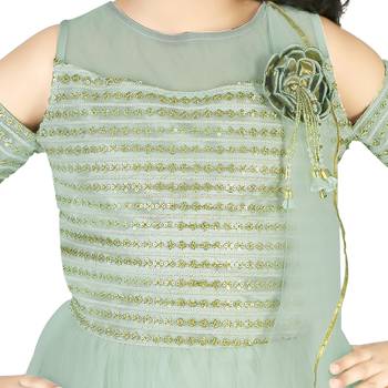 Pista Green Thread and Sequins Embroidery Net Pleated Gown for Girls 3