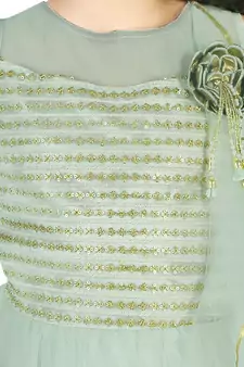 Pista Green Thread and Sequins Embroidery Net Pleated Gown for Girls