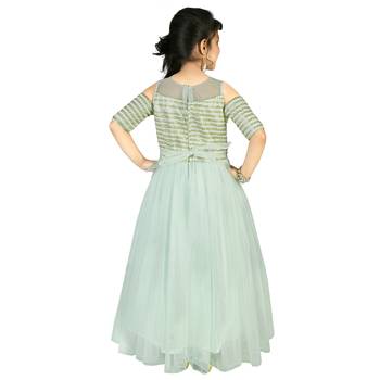 Pista Green Thread and Sequins Embroidery Net Pleated Gown for Girls 4