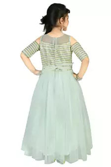 Pista Green Thread and Sequins Embroidery Net Pleated Gown for Girls
