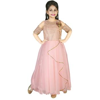 Peach Thread and Sequins Embroidery Net Pleated Gown for Girls 1