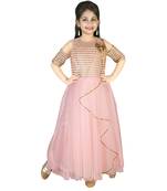 Peach Thread and Sequins Embroidery Net Pleated Gown for Girls