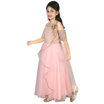 Peach Thread and Sequins Embroidery Net Pleated Gown for Girls 2
