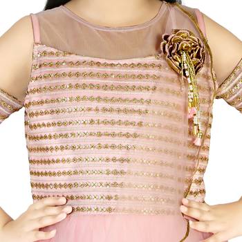 Peach Thread and Sequins Embroidery Net Pleated Gown for Girls 3