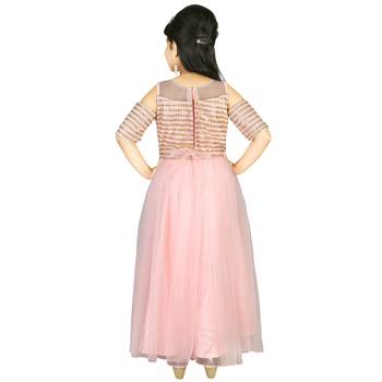 Peach Thread and Sequins Embroidery Net Pleated Gown for Girls 4