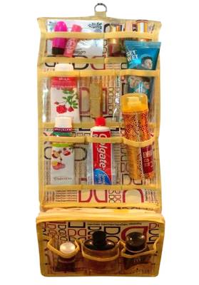 atorakushon   Fabric Multipurpose Hanging Makeup Pouch Cosmetic toiletary Jewelry Wardrobe Organiser Vanity Box Golden 1