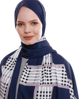 Justkartit Outdoor Wear Navy Blue Color Checked Strips Printed Islamic Wear Scarf Hijab Dupatta  2