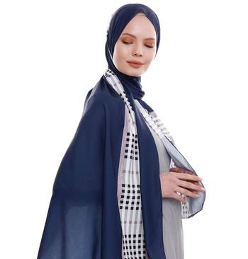 Justkartit Outdoor Wear Navy Blue Color Checked Strips Printed Islamic Wear Scarf Hijab Dupatta  3