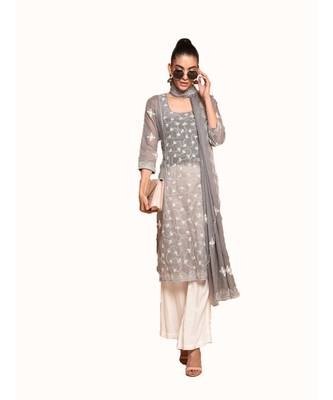Set of Grey Embroidered kurta palazzo and dupatta 1