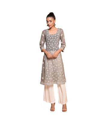Set of Grey Embroidered kurta palazzo and dupatta 4