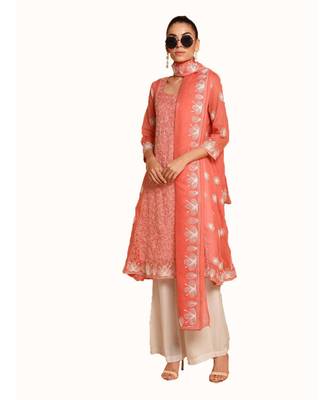 Set of Peach Embroidered kurta palazzo and dupatta 1