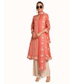 Set of Peach Embroidered kurta palazzo and dupatta