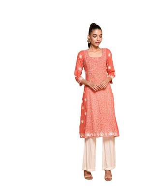 Set of Peach Embroidered kurta palazzo and dupatta 4