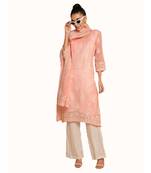 Set of Peach Embroidered kurta palazzo and dupatta