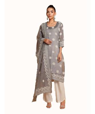 Set of Grey Embroidered kurta palazzo and dupatta 1