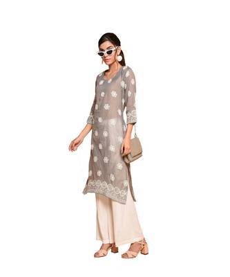 Set of Grey Embroidered kurta palazzo and dupatta 3
