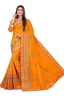 Mustard embroidered art silk saree with blouse 1